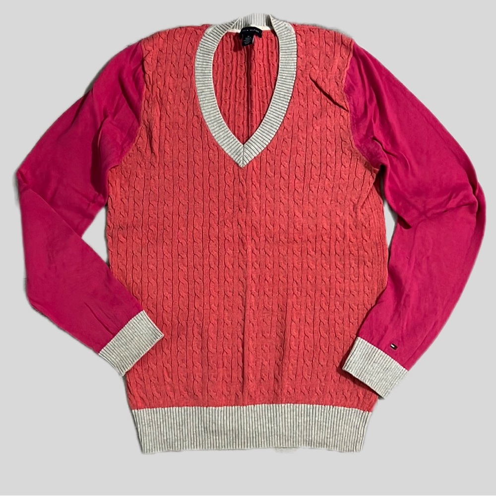 Tommy Hilfiger Ribbed Cable Knit Color Block V-Neck Sweater Coral Pink Gray Sz M